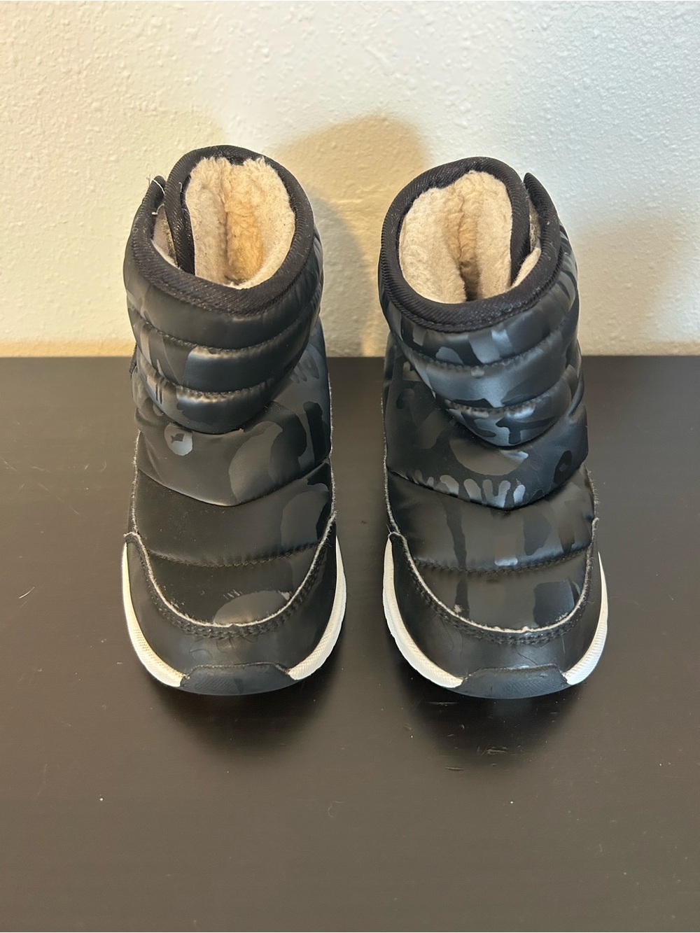 Kids Black Puffer Winter Boots with Cream Faux-Sherpa Lining